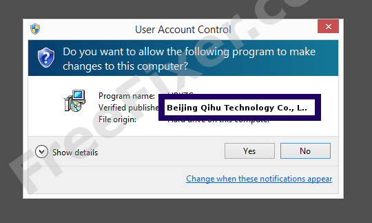 Screenshot where Beijing Qihu Technology Co., Ltd. appears as the verified publisher in the UAC dialog